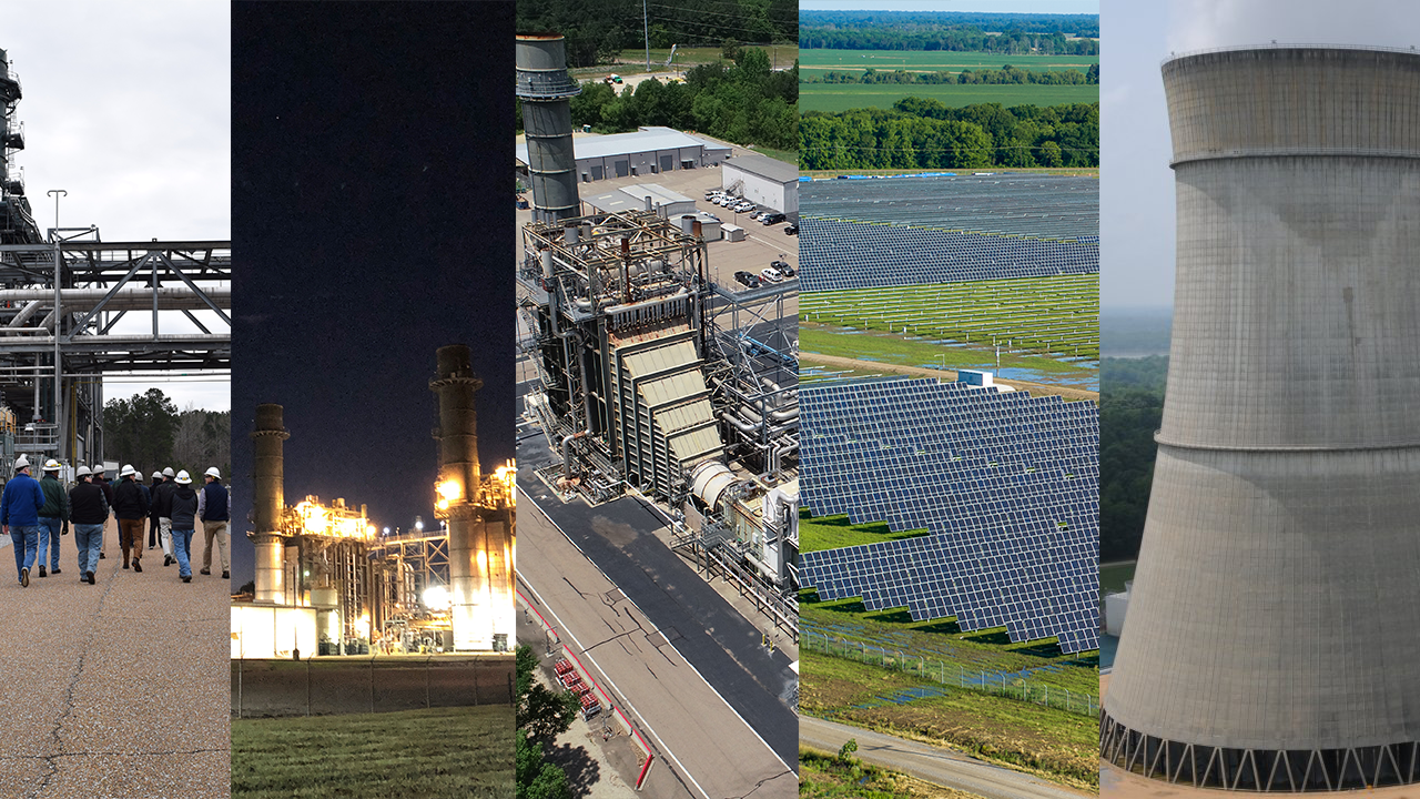 Choctaw Energy Facility in French Camp, Attala Plant in Sallis, Hinds Energy Facility in Jackson, Sunflower Solar Station near Ruleville, and Grand Gulf Nuclear Station in Port Gibson